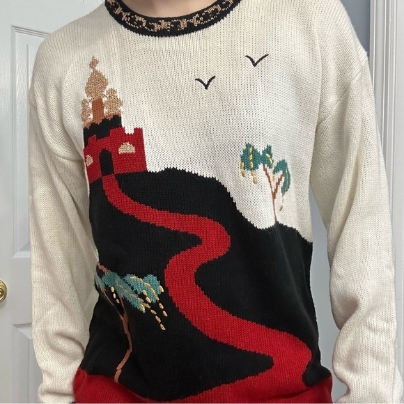 Vintage Sweater Knit Castle Graphic 80s Casual Funky Casual Medieval Size Medium - Picture 2 of 7